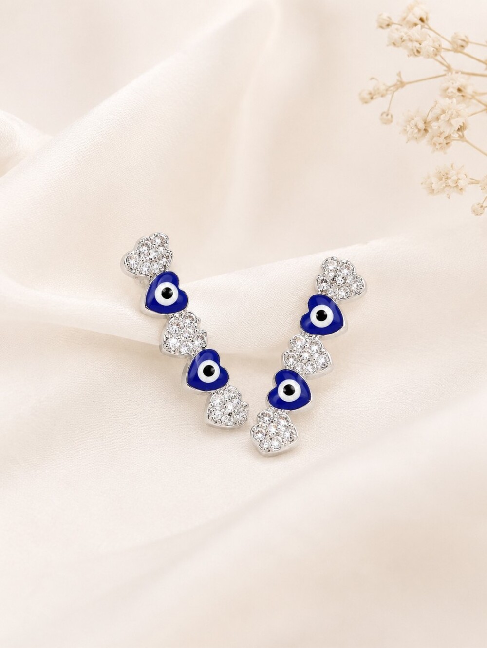 Silver Tone NWT Blue Heart Greek Eye & CZ Ear Crawler Earrings